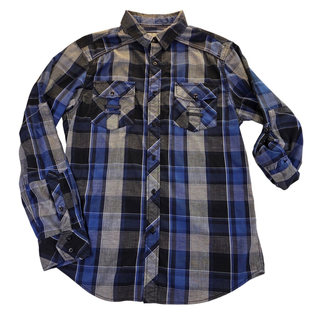Chalc Men's Plaid Button Down Shirt M Blue Grey Roll Tab Sleeve Outdoors Grunge